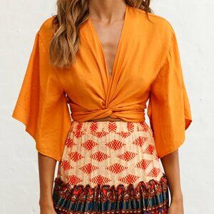 NWT Selfie Leslie Rivera Deep V Waist Tie Top Orange Polyester Size XS